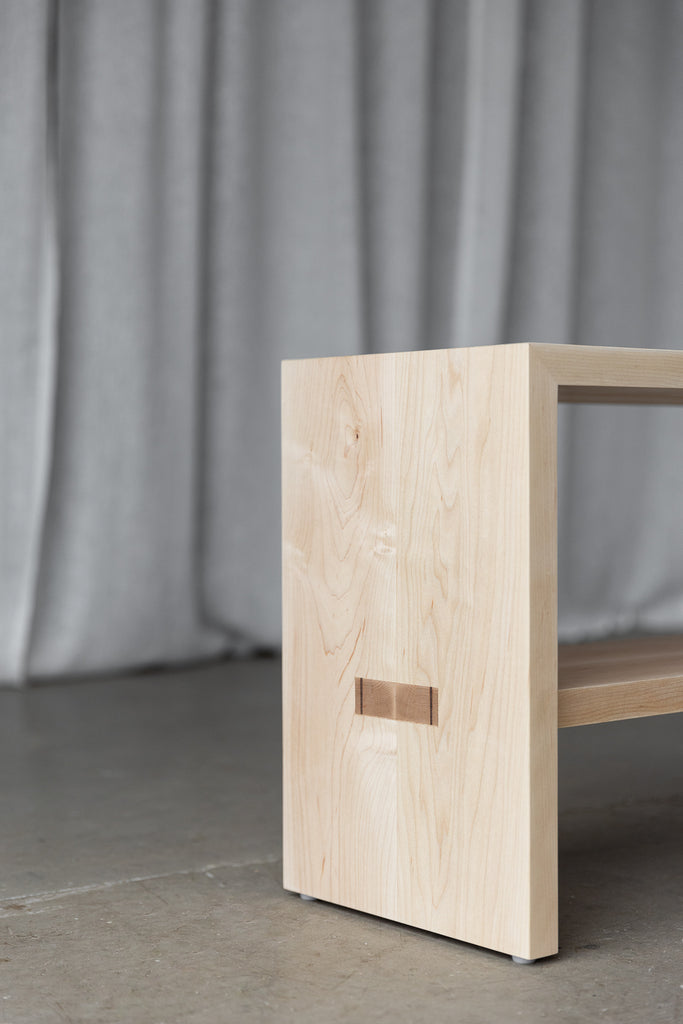 Close up image of the side view of the bench showcasing hand-cut mortise and tenon joinery 