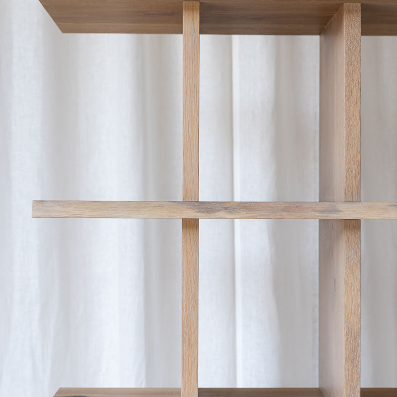 Close-up of the front of the Modern Oak Bookcase, finished in Cornsilk colour