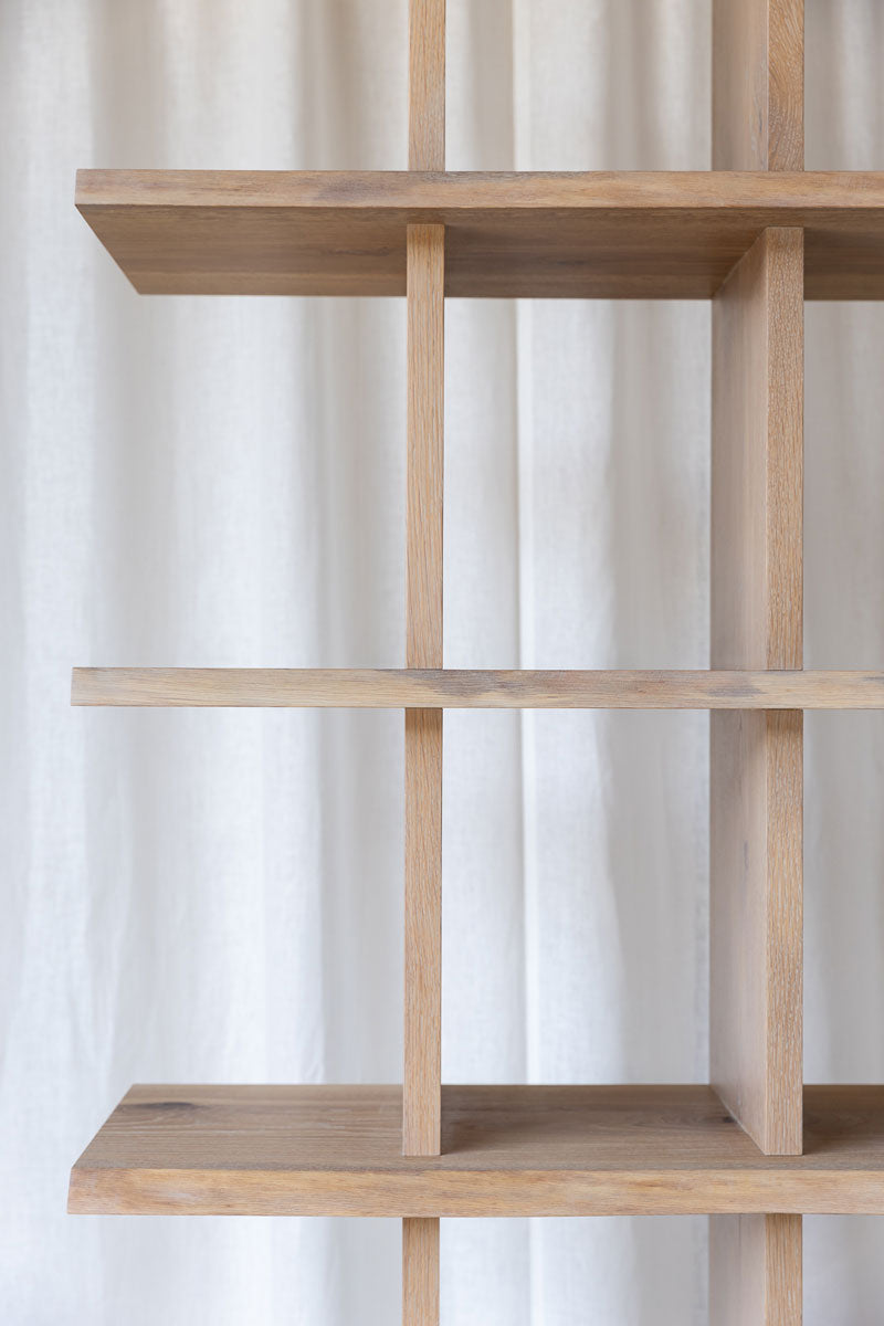 Close-up of the front of the Modern Oak Bookcase, finished in Cornsilk colour