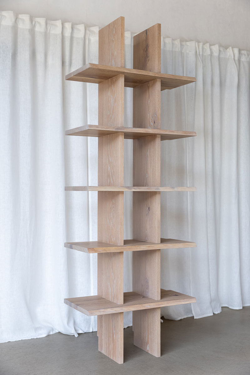 Modern Oak Bookcase with 5 live edge shelves, finished in Cornsilk colour