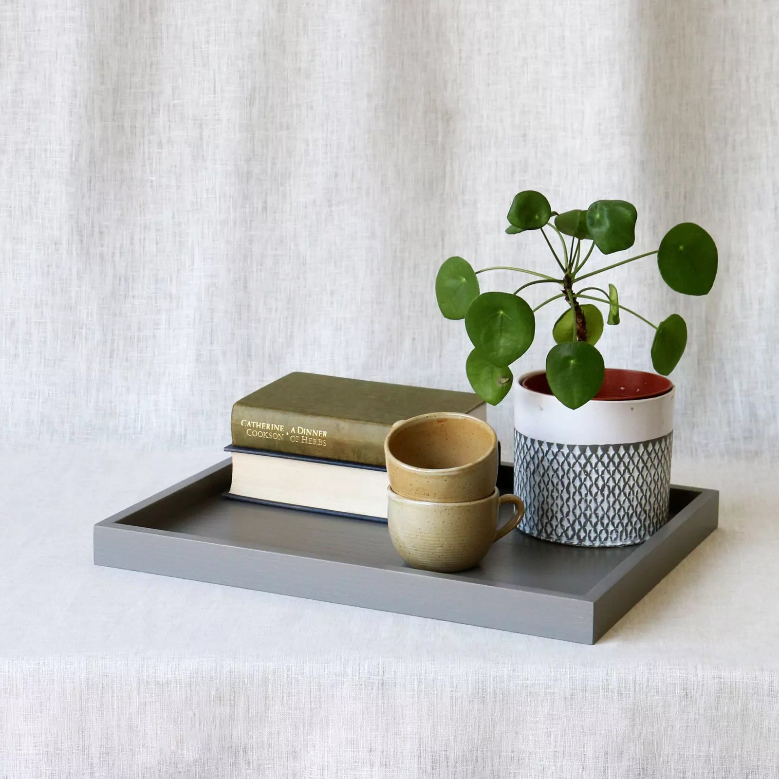 Grey tray with a plant, books, and a cup on a white curtain background