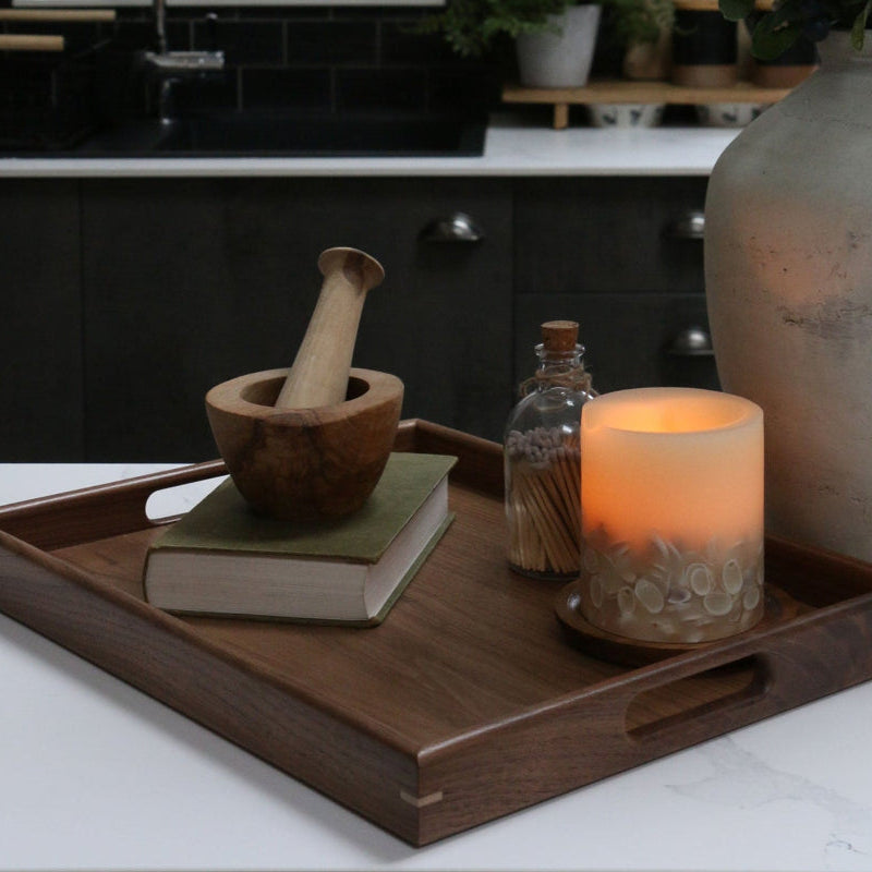 A spacious walnut coffee table tray showcasing smooth edges and premium-quality craftsmanship.