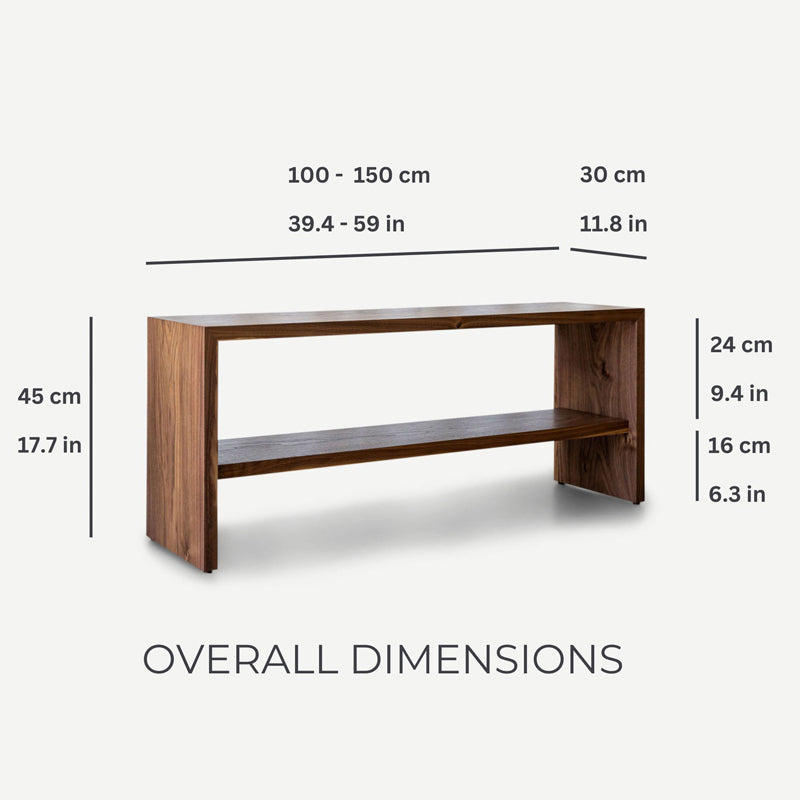 Andrade Bench Dimensions – A wooden bench with detailed measurements displayed, showing adjustable length, height, and depth dimensions in both centimeters and inches.