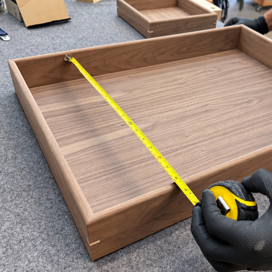 A wooden tray is being measured with a yellow tape measure by a person wearing black gloves, shown in a workshop setting.