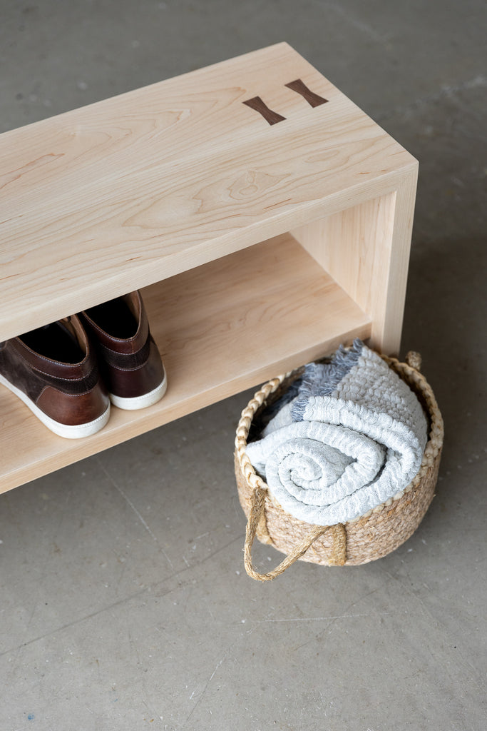 Solid Maple shoe storage bench perfect for hallways, dining rooms and bedroom