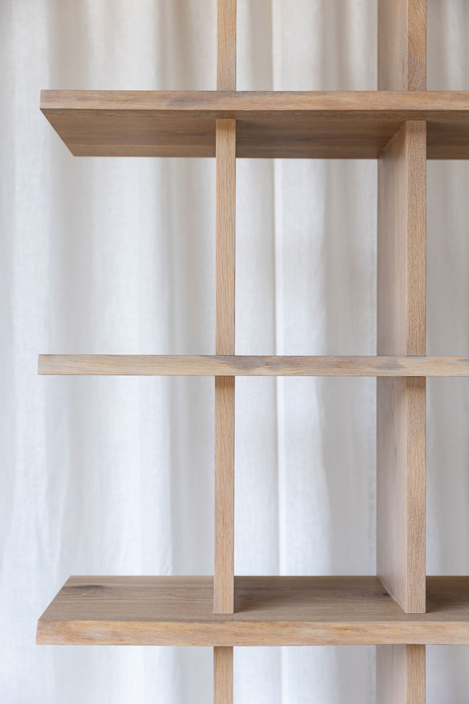 Close-up of the front of the Modern Oak Bookcase, finished in Cornsilk colour 