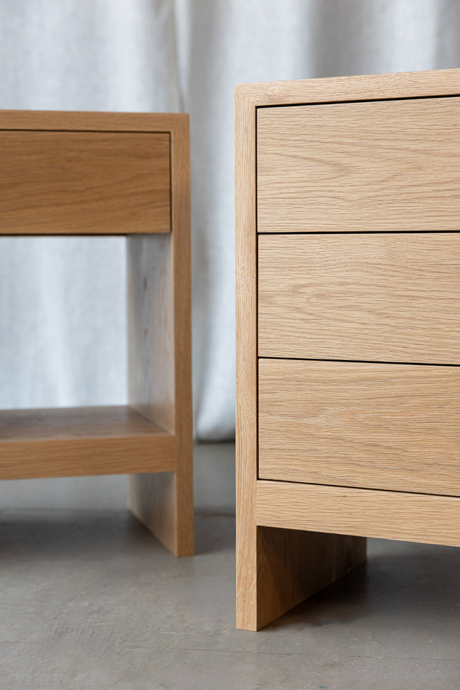 image showing 2 versions of the Gaia bedside cabinet with 1 and with 3 drawers