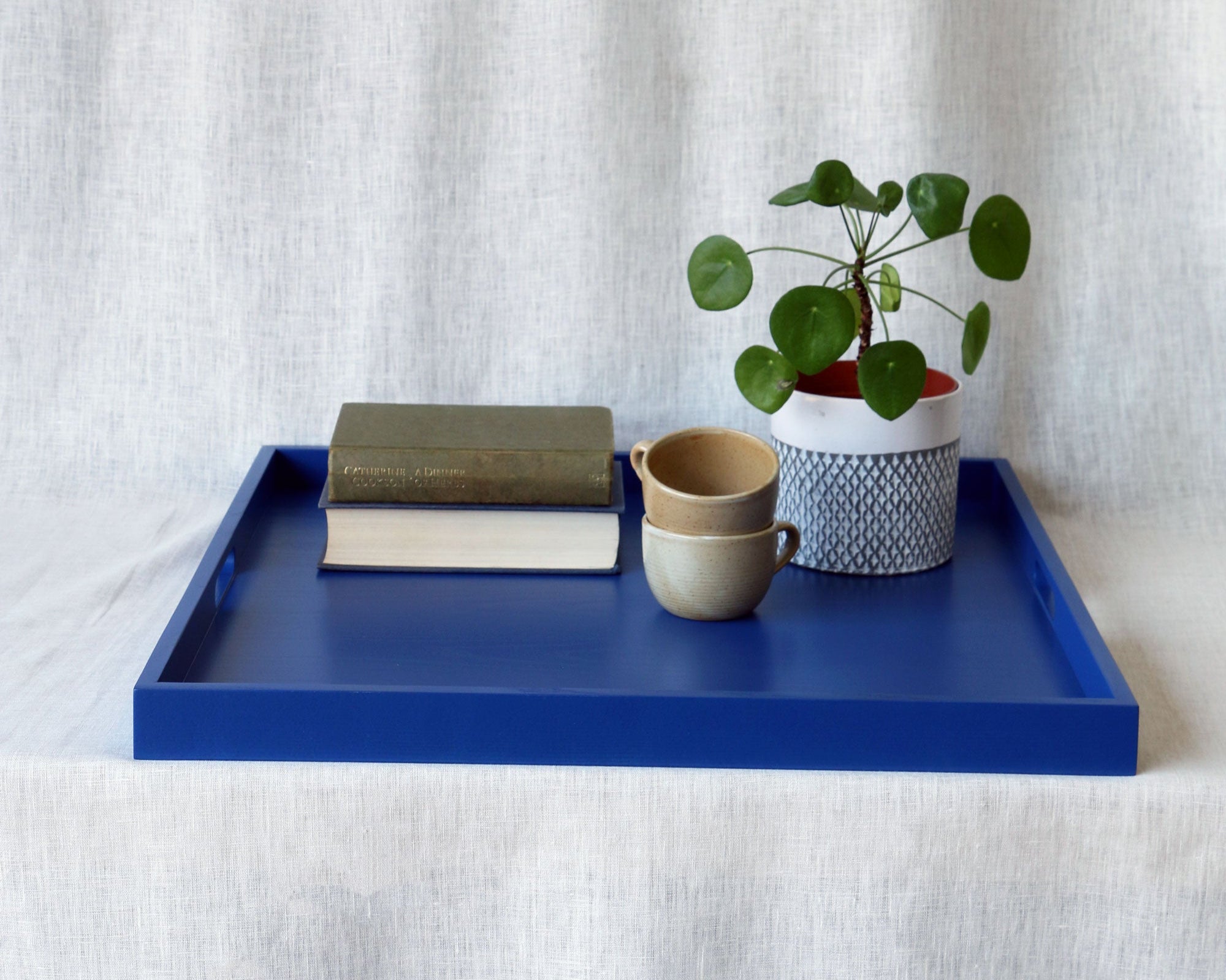 Blue tray with a book, cup, and plant on a white surface with a white curtain background