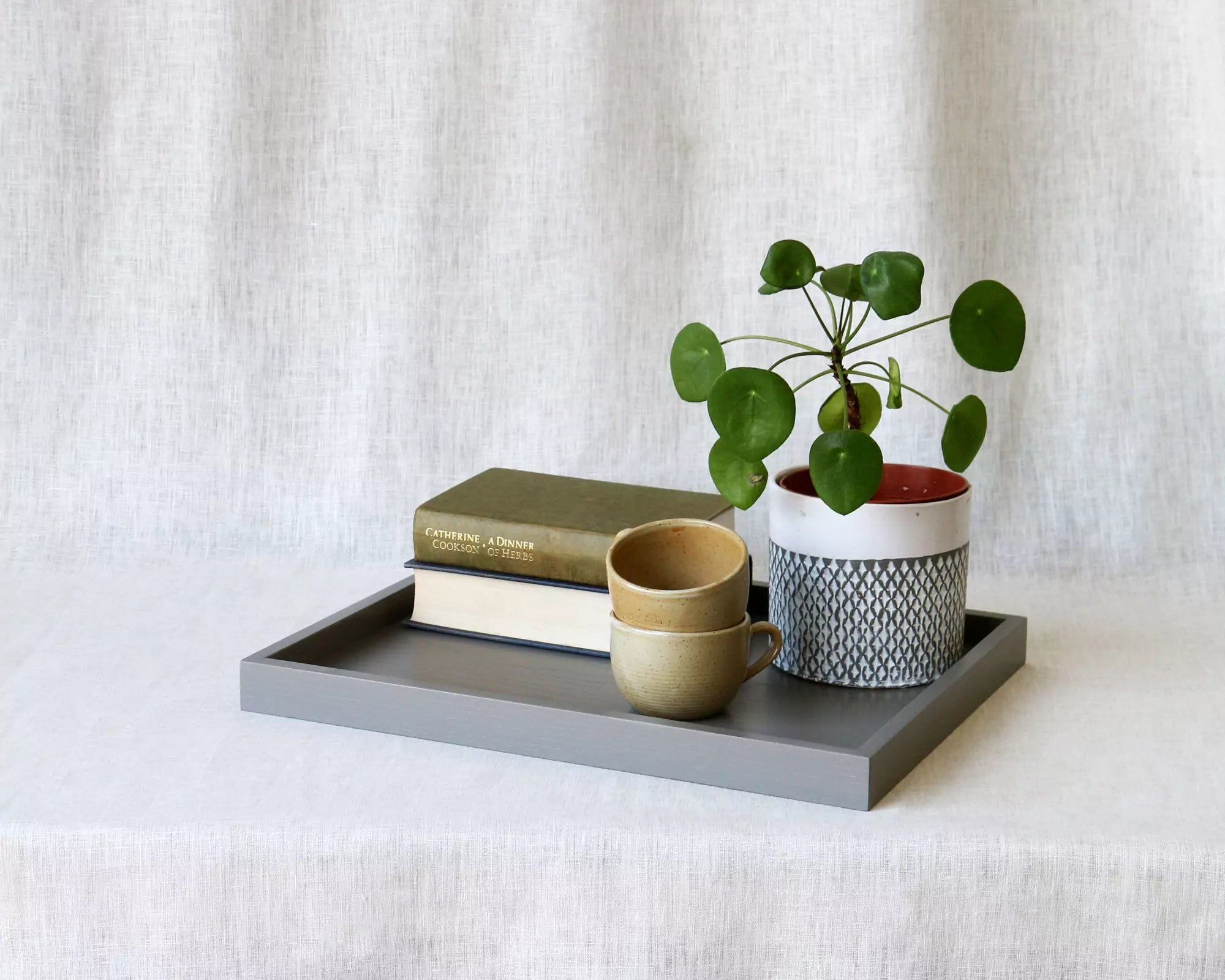 Grey tray with a plant, books, and a cup on a white curtain background