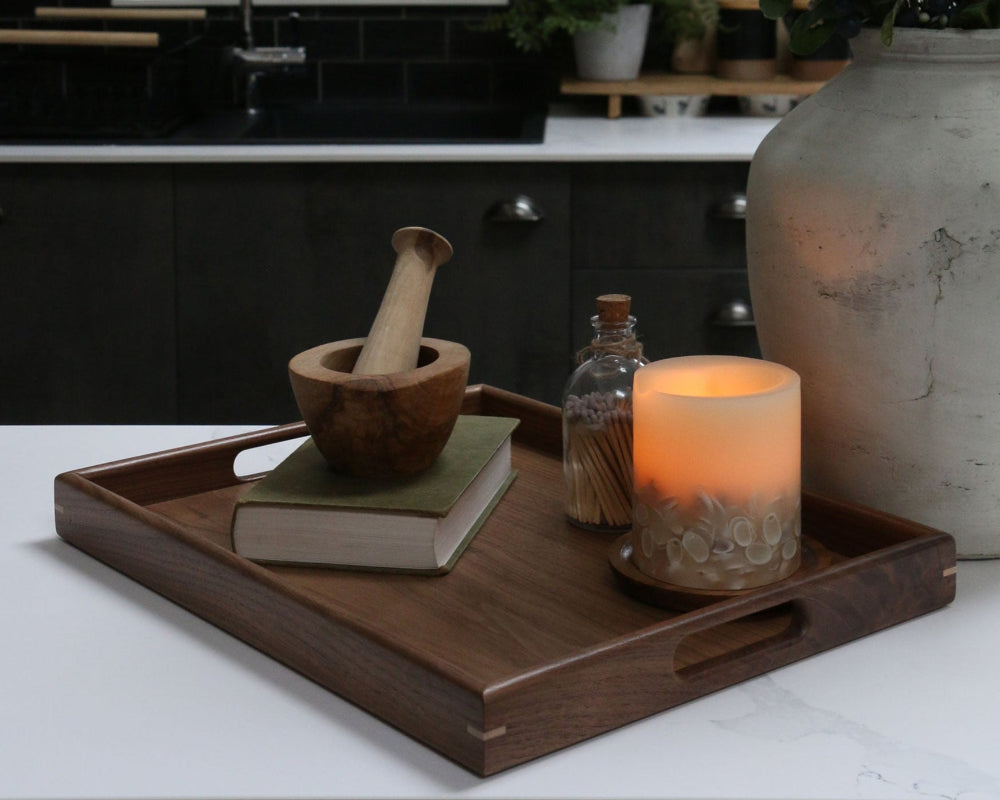 A spacious walnut coffee table tray showcasing smooth edges and premium-quality craftsmanship.